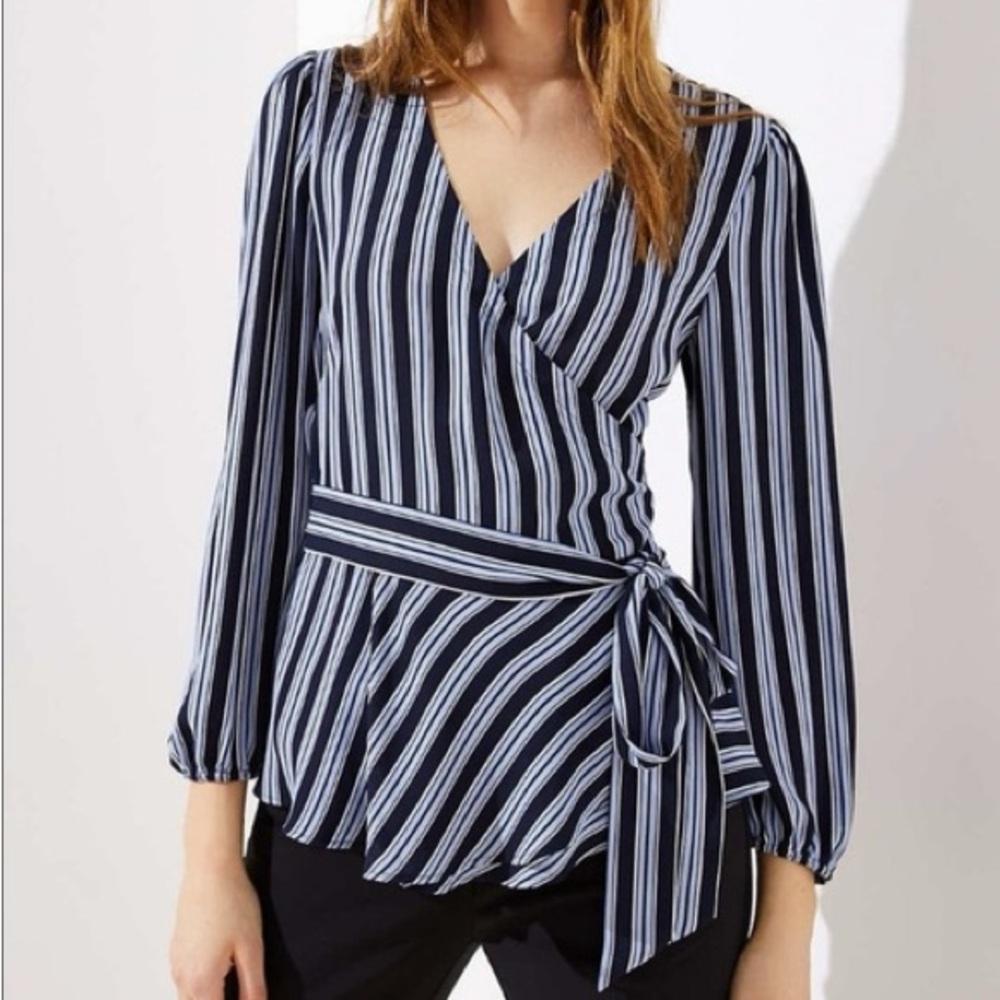 Loft Blue Striped Wrap Tie Top